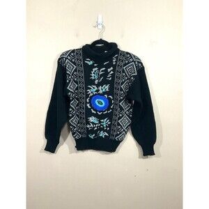 VTG Womens Sparkly Geometric Print Sweater M Black Silver Embroidered 80s 90s